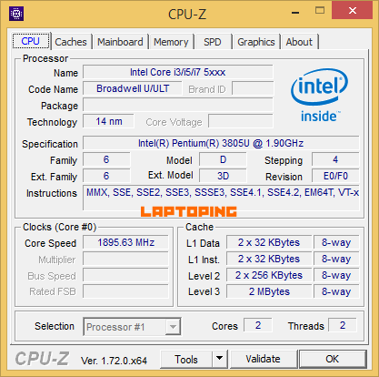 Intel Pentium 3805U CPU-Z
