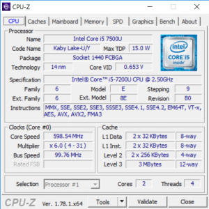 Intel Core i5-7200U 7th Gen Specifications CPU-Z